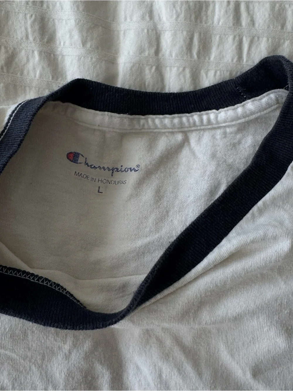 Champion White Ringer Tee with Navy Trim - Picture 2 of 3